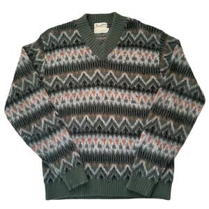 VTG 70s Kandahar Deluxe USA Mens V-Neck Acrylic Nordic Zig Zag Fuzzy Sweater L